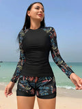 DEKA Vintage Black Leaves Print Two Piece Swimsuit Women Long Sleeve Sports T Shirts High Waist Swimwear Beach Surf Bathing Suit