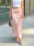 Fashion Stylish Women's Long Skirt Solid Color Satin Lace Patchwork Mid Rise Skirt for Spring Summer