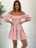 Foridol Square Collar Gingham Printed Women Casual Summer Short Dress Puff Sleeve A-line Pink Cute Fashion Outfit Vestidos