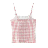 French Thin Style Sweet Plaid Camisole For Women With Lace Collar Slim Fit Semi Elastic Back Suitable For Seaside Vacations IHKJ