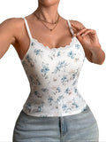 Women Ribbed Floral Cami Top Sleeveless Spaghetti Strap Tank Top Summer Slim Fit Comfy Casual Lace neckline Camisole