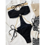 Sexy Ribbed Halter Metal Chains One Piece Swimsuit Women Swimwear Female Monokini High Leg Cut Bather Bathing Suit Swim V4572