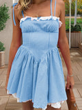 Summer Plaid Mini Cami Dress for Women Fashion Slim Ruffle Trim Tie-up Spaghetti Strap A-line Dresses for Daily Party