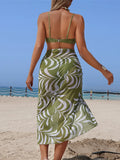 Printed Wrinkled With Sarong Bikini Female Swimsuit Women Swimwear Three-pieces Bikini set Padded Bather Bathing Suit Swim K7259