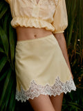 Women's Satin Mini Skirt Elegant Patchwork Lace Trimmed High Waisted A Line Skirts for Party Work Daily Wear