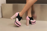 Bright Patent Leather Patchwork White PU Lace Up High Heels with Breathable Lining, Wavy and Serrated Patterns, Sweet Pumps