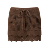 Womens Crochet Knit Mini Skirt Casual Stylish Drawstring Low Rise Tiered Hem Short Skirt Summer Beach Holiday Boho Cover-ups