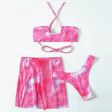 Wrap Around with Mesh Sarong Skirt Bikini Female Swimsuit Women Swimwear Three-pieces Bikini Set Beachwear Bathing Suit Swim