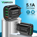EU US Plug 4 USB 45W USB Charger Fast Charge QC 3.0 Wall Charging For iPhone 12 11 Samsung Xiaomi Mobile 4 Ports Adapter Travel