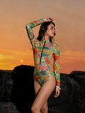 2026 Vintage Mesh UPF35 Sheer Rash Guard One Piece Swimsuit With Pants Women Sexy Sun Protection Swimwear Beachwear Купальник