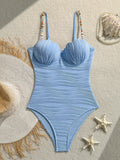 Shell Underwired Wrinkled Beads One Piece Swimsuit Women Swimwear Female High Leg Cut Monokini Bather Bathing Suit Swim Bodysuit