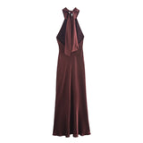 Elegant Solid Color Satin Halter Lace Up Long Dress Sexy Off Shoulder Backless Sleeveless Bodycon Dresses New Lady Party Robe