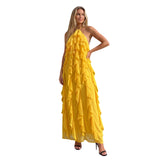 Women Fashionable Backless Sleeveless Ruffle Dresses Summer Holiday Beach  Solid Color Halter Long Dress