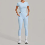 Women Tracksuit Yoga Sets Short Sleeve Slim Sports T Shirts Workout Clothes Outdoor Tight High Waist Pocket Pants Fitness Suits