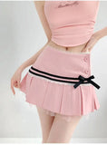 Striped Contrasting Color Bow Lace Splicing Pleated Skirt Women 2026 Summer American Style Low Waist  A-line Short Skirt UBFK