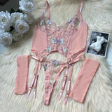Toucheart Sexy Lingerie Embroidery Printing Bra Garters Set For Women Mesh See- Through Hollow Out Exotic Sexy Underwear Suit