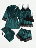 5 Pieces Women's Satin Sleepwear Pajama Set Robe Sexy Lingerie Bathrobe Lace Silk Night Dress Trousers Home Clothed Nightwear PJ