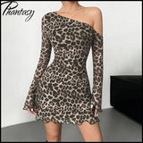 Spring Summer Off-Shoulder Sexy Leopard Print Long-Sleeve Dress European-Style Casual Backless Bell-Sleeve Mini Skirt Streetwear