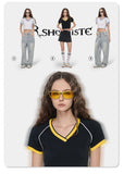 Hot girl top V-neck exposed navel contrasting color splicing clothes women's street short-sleeved T-shirt