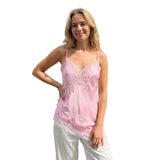 Women Solid Color Lace Trim Satin Camisole V Neck Spaghetti Strap Backless Asymmetrical Tops Trendy Summer Streetwear