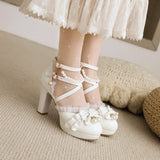 9cm Cross Strap Women High Heels Mary Jane Shoes Party Wedding Pearls White Lace Ruffles Bow Princess Lolita Pumps Sandals 33-46