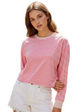 Spring Autumn Casual Loose Tops for Women Long Sleeve Round Neck Loose Fit Striped Print T-shirts