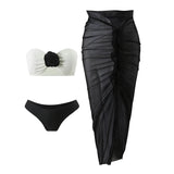 sexy 3d flower bandeau bikinis sets 3pcs with long mesh split skirt black white patchwork swimsuit bathing suit beach outfits