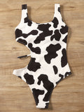 2026 Cow Print Rib Cut-out One Piece Swimsuit Ring Link Swimwear Women Bathing Suit Female Swimming Summer Beachwear Bodysuit