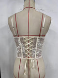 Sexy Spicy Girl Summer Tank Top Women Beige Lace Trim Steel Ring Gathering Back Cross Tie Rope Slim Fit Fishbone Corset Vest