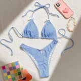 Blue Plaid Print Two Piece Swimsuit for Women Sexy Bow Suspender Backless Bikini Set High Waist Thong Beach Bathing Suit 2025