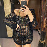 Long Sleeve Hollow Out Top Crochet Knitted Tunic Beach Cover Up Cover-ups Beach Dress Beach Wear Beachwear Female Women V4250