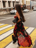 Ahagaga 2025 Summer Fashion Women's Straps Dresses Print Asymmetrical Chiffon Floral Streetwear Skinny Trailing Yk2 Vestidos