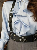 Foridol Ruffles Folds Light Blue Office Lady Satin Shirt Blouse Long Sleeve Spring Fashion Solid Button Up Blusa Autumn 2025