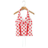 Spring And Summer New Style Sweet Red Plaid Unique Back Drawstring Top Halter Neck V-neck Sexy Slim-fit Tank Top Casual UH75