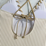 V Neck Wrinkled Ribbed Cross Backless One Piece Swimsuit Women Swimwear Female High Leg Cut Monokini Bather Bathing Suit Swim