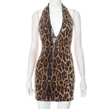 Sexy Halter Neck Off Shoulder Leopard Print Mini Dresses for Women Sleeveless Backless Sequins Skinny Party Night Club Dress
