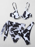 Marble Print V-Bar Underwired Bikini Women Swimsuit Female Swimwear Three-pieces Bikini Set Push Up Bathing Suit Beach Sarong