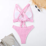 Wrinkled Crinkled Cross Back Bikini Women Swimwear Female Swimsuit Two-pieces Bikini Set High Cut Bathing Suit Swim Beach Wear