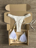 Wrinkled Crinkled Halter Beads Bikini Female Swimsuit Women Swimwear Two-pieces Bikini Set Brazilian Bather Bathing Suit Swim