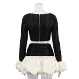 FDYOUI Sexy Flare Sleeve Super-short Zipper Tops+Pleated Skirts 2 Piece Set Women Patchwork Black Ball Gown Evening Party Dress