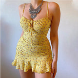 Floral Print Spaghetti Strap Dresses Women Sexy Low Cut Hollow Out Leace-up Package Hip Ruffles Mini Dress Female Vestidos 2024