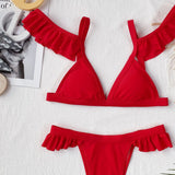 2026 Sexy Bikini Women Swimwear Swimsuit Red Ruffled Triangle Bikinis Set Bathing Suit Beach Bikini Female Trajes De Bano Mujer