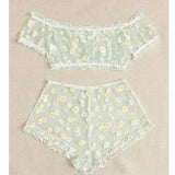 Mesh Floral Printed Off Shoulder 2Pcs Lingerie Set for Women Sexy Underwear Transparent Tops+Shorts Panties Exotic Sets