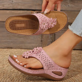 Pink Flower Wedge Heel Flip Flops Women Summer Massage Sole Clip Toe Platform Slippers Woman Light Thick Bottom Beach Sandals