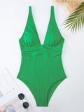 2026 V Neck Swimsuit One Piece Solid Vintage Swimwear Women One-piece Bathing Suit Female Padded Beach Wear Swimming Beachwear