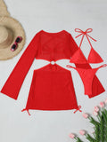 Mesh Sheer Long Sleeve Cover-Up Micro Bikini Female Swimsuit Women Swimwear Three-pieces Bikini Set Bathing Suit Swim Beach Wear