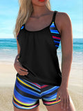 Women's Conservative 2 Piece Swimsuit Black Stripe Print Patchwork Tankini Bikini Set Suspender Cross Backless Bathing Suit 2025