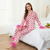 2 Piece Satin Pajama Set Women Feather Trim Long Sleeve Button Up Shirt Tops + Long Pants Set Sleepwear Loungewear