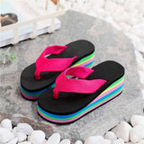Women's Rainbow Color Platform Flip Flops Summer Thick Sole Lightweight Slip-on Wedges Sandals Girls Beach Slippers