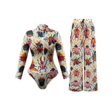 S - XXL New One Piece Swimsuit Women Swimwear Female Padded Bather Bathing Suit Swim With Pants Zipper Printed Long Sleeve K8113
